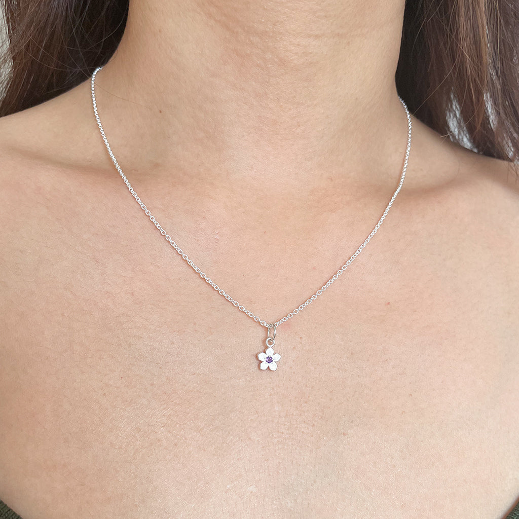 silver birthstone flower necklace