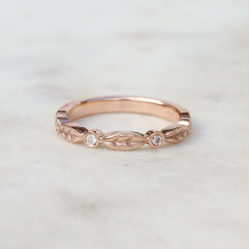 Diamond leaf wedding band in rose gold
