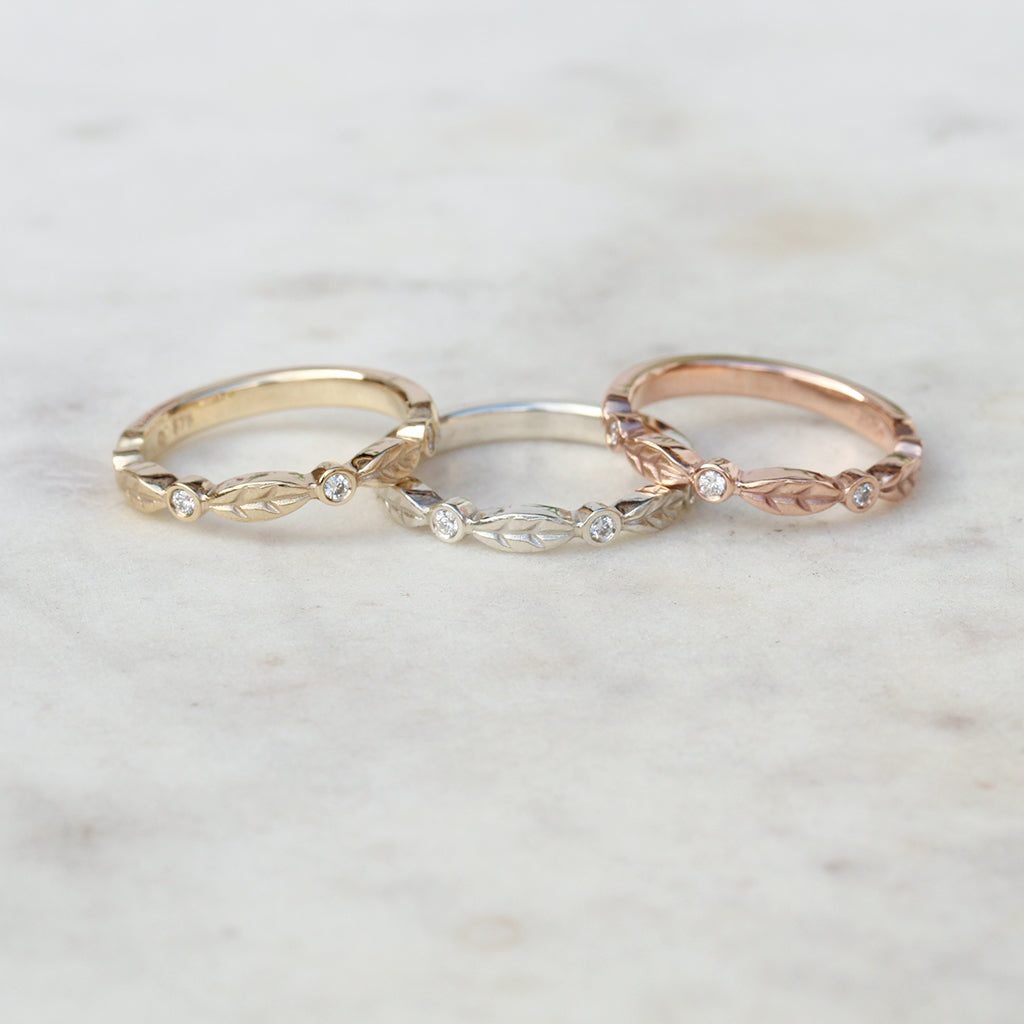 Diamond leaf wedding bands in yellow gold, white gold and rose gold