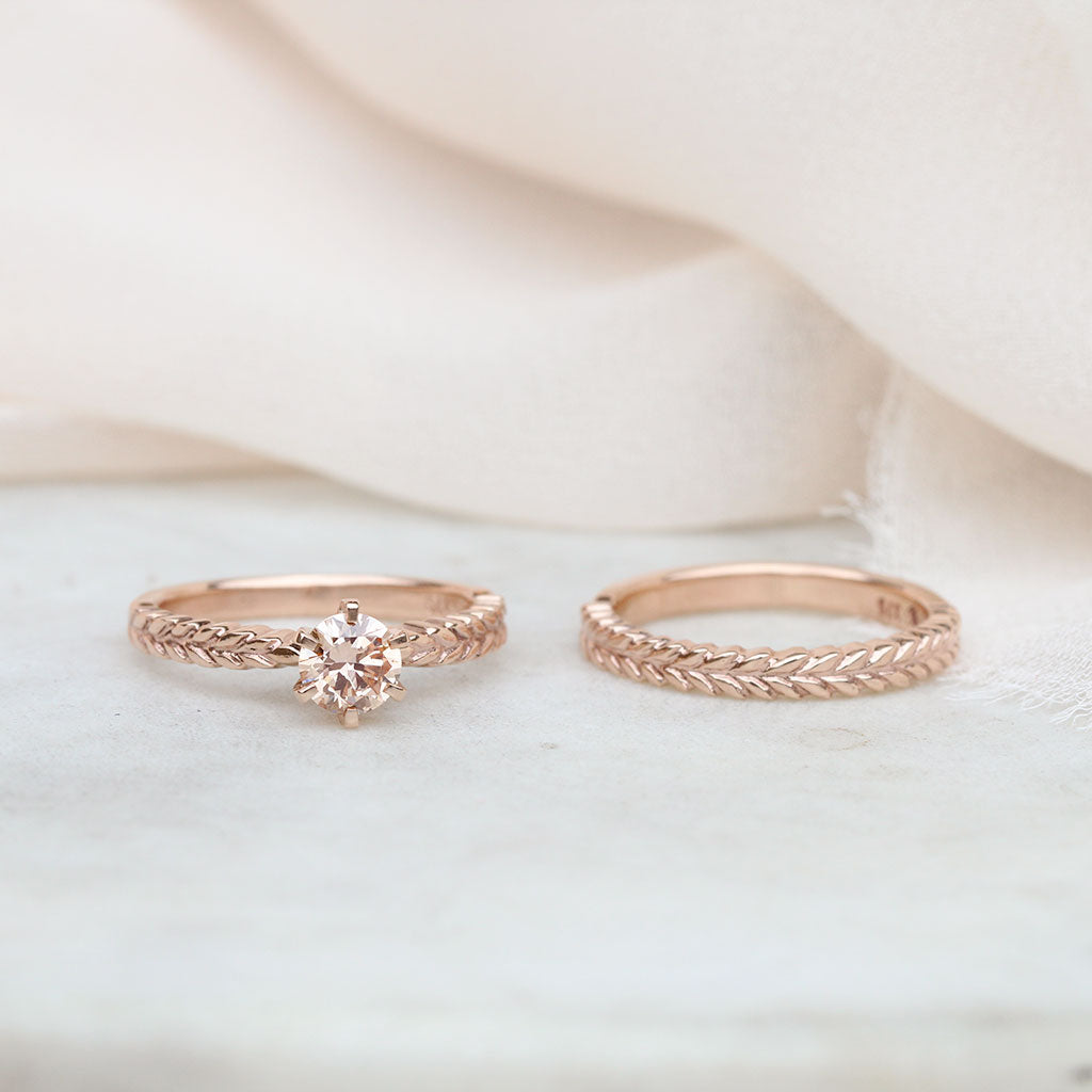 Rose gold silver fern engagement ring and wedding ring