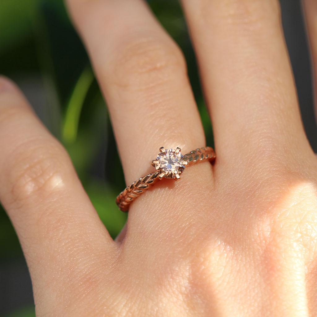 Rose gold silver fern dew ring set with a pink lab-grown diamond
