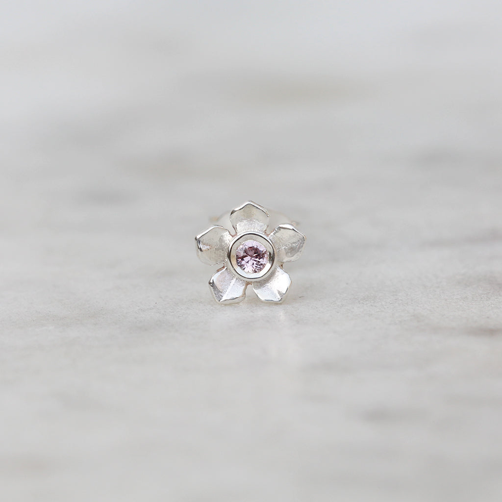 Pink sapphire forget me not stud in sterling silver