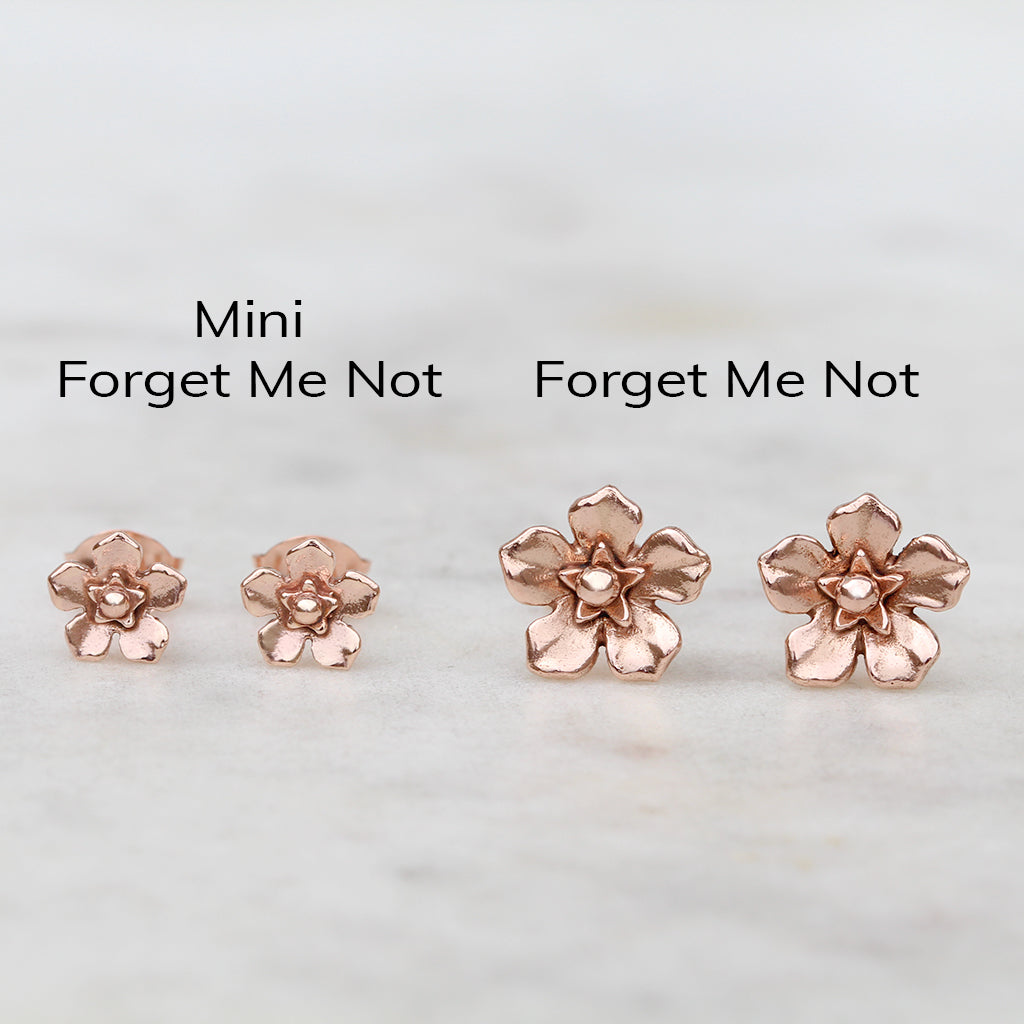Rose gold forget me not earrings size comparison
