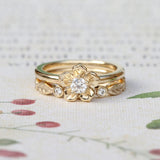 Forget me not ring and diamond leaf ring in gold