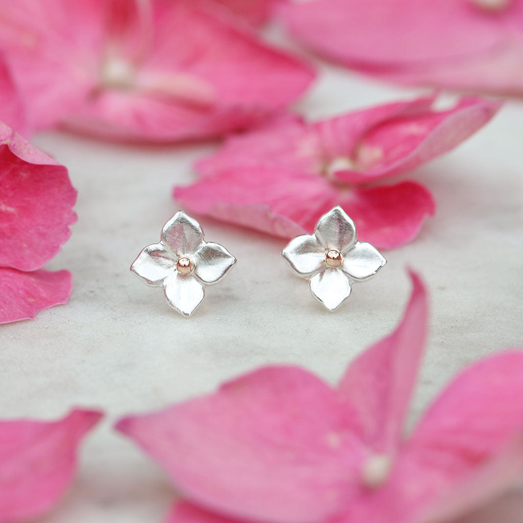 Hydrangea earrings in silver and rose gold