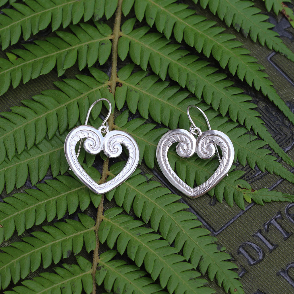 Silver koru heart earrings