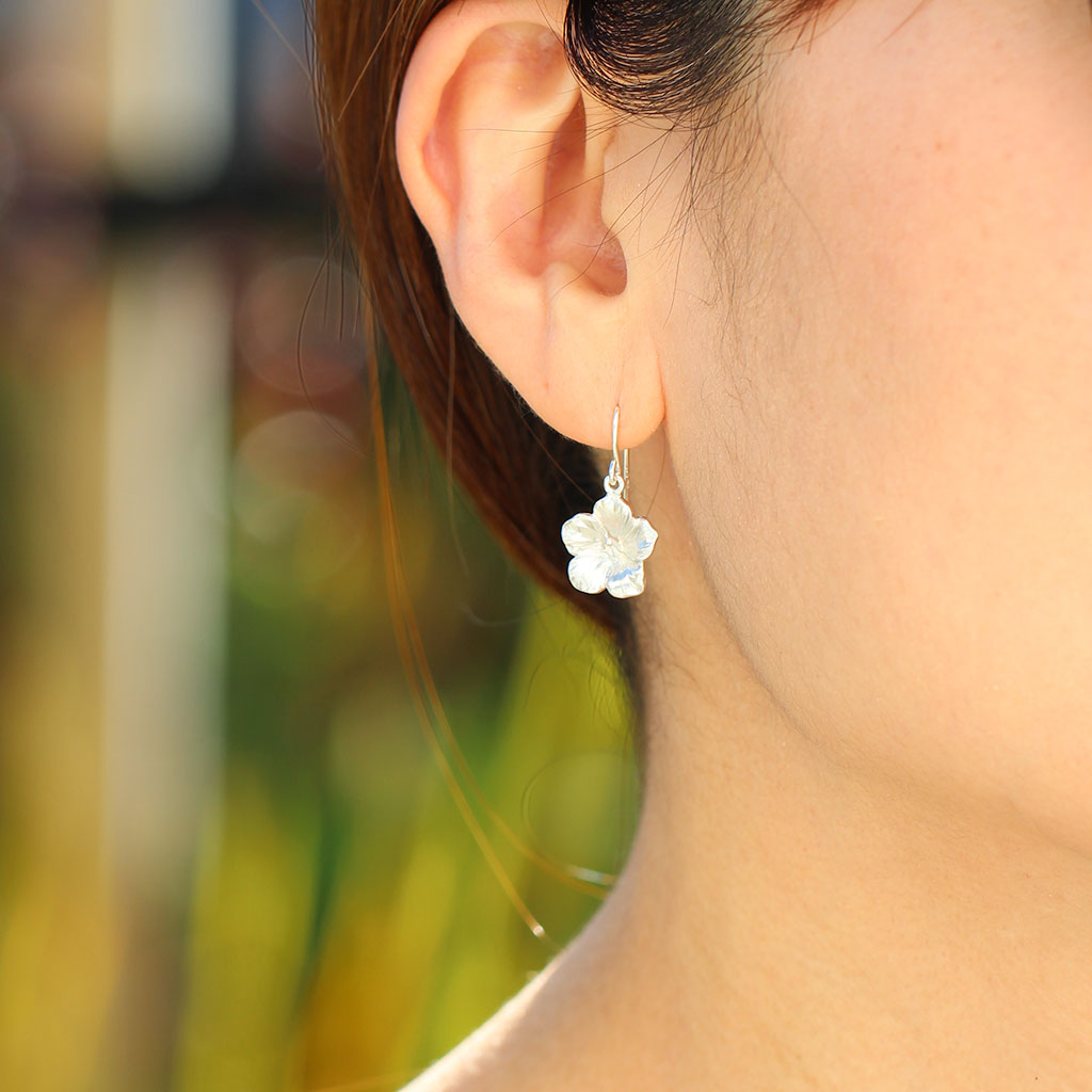 Silver rose of Sharon earrings