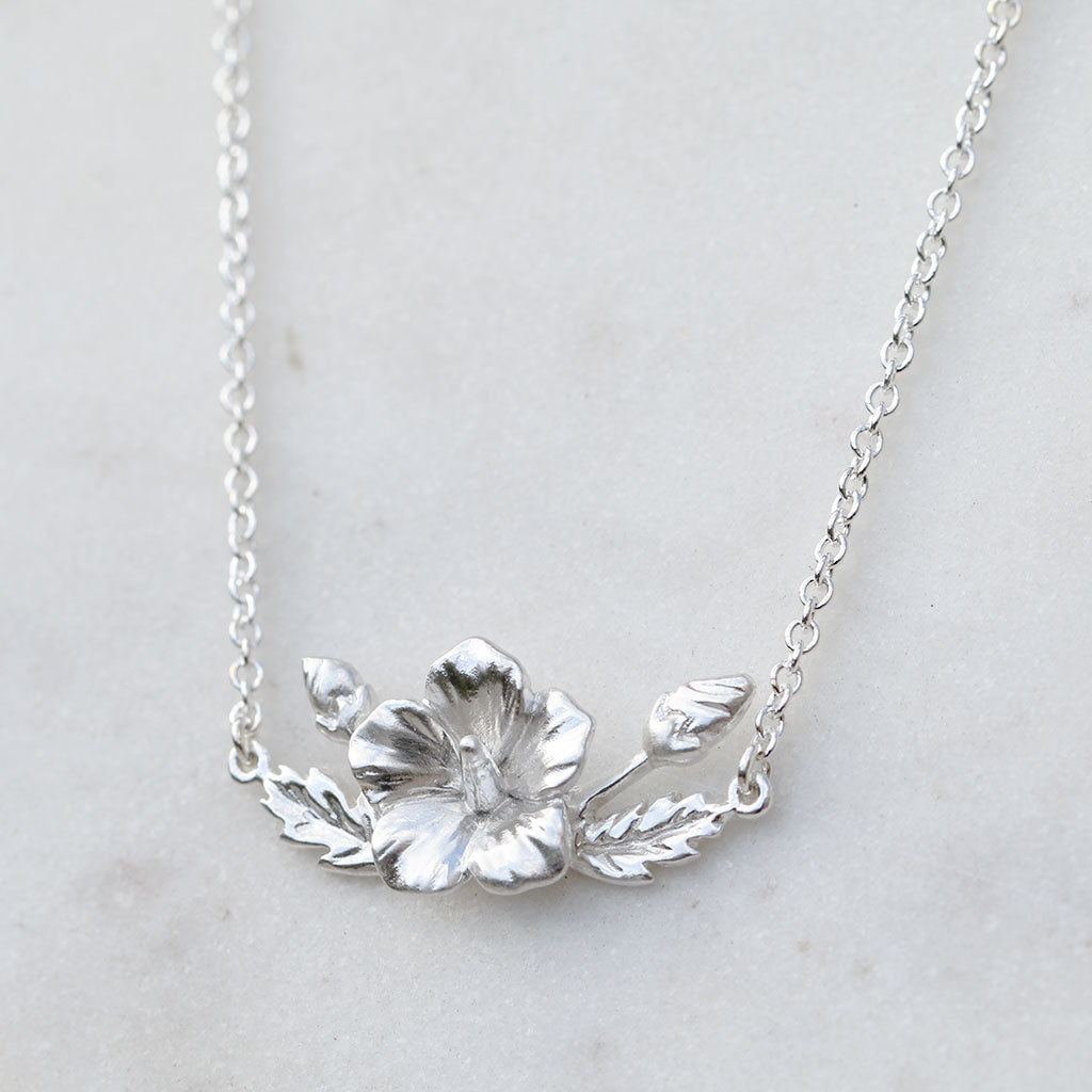 Rose of Sharon hibiscus silver necklace