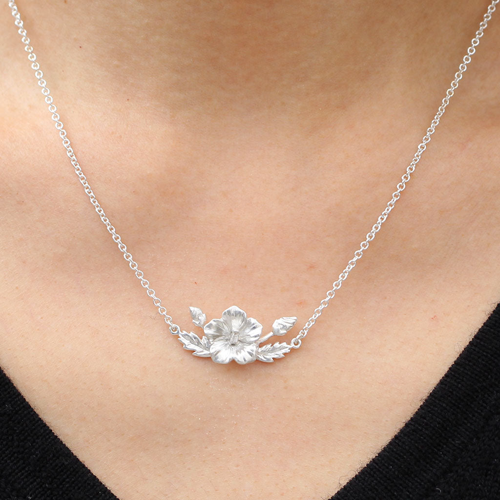 Rose of Sharon hibiscus silver necklace
