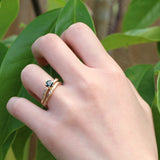 Green sapphire twig engagement ring and wedding ring in gold