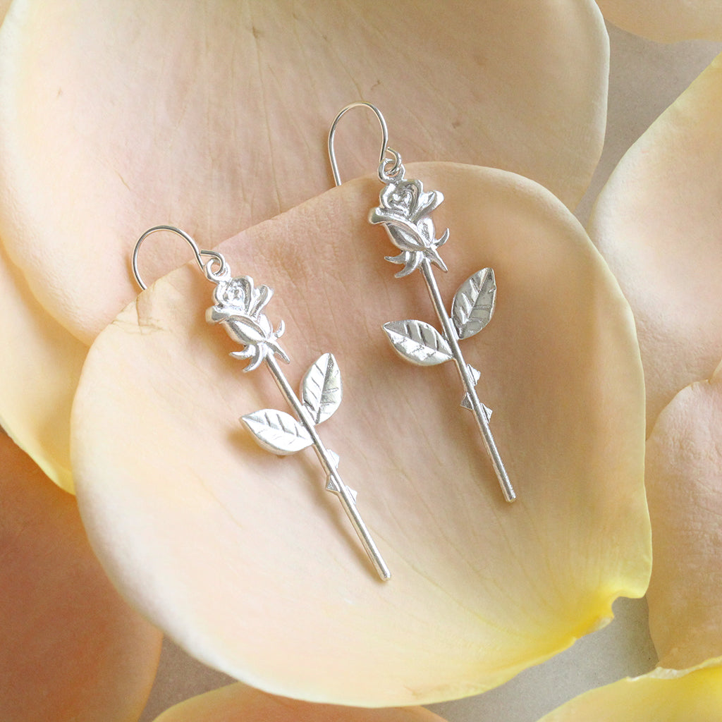 silver rose earrings