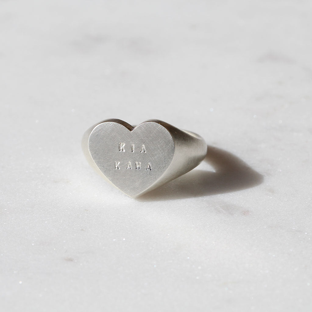 Kia Kaha heart signet ring in silver