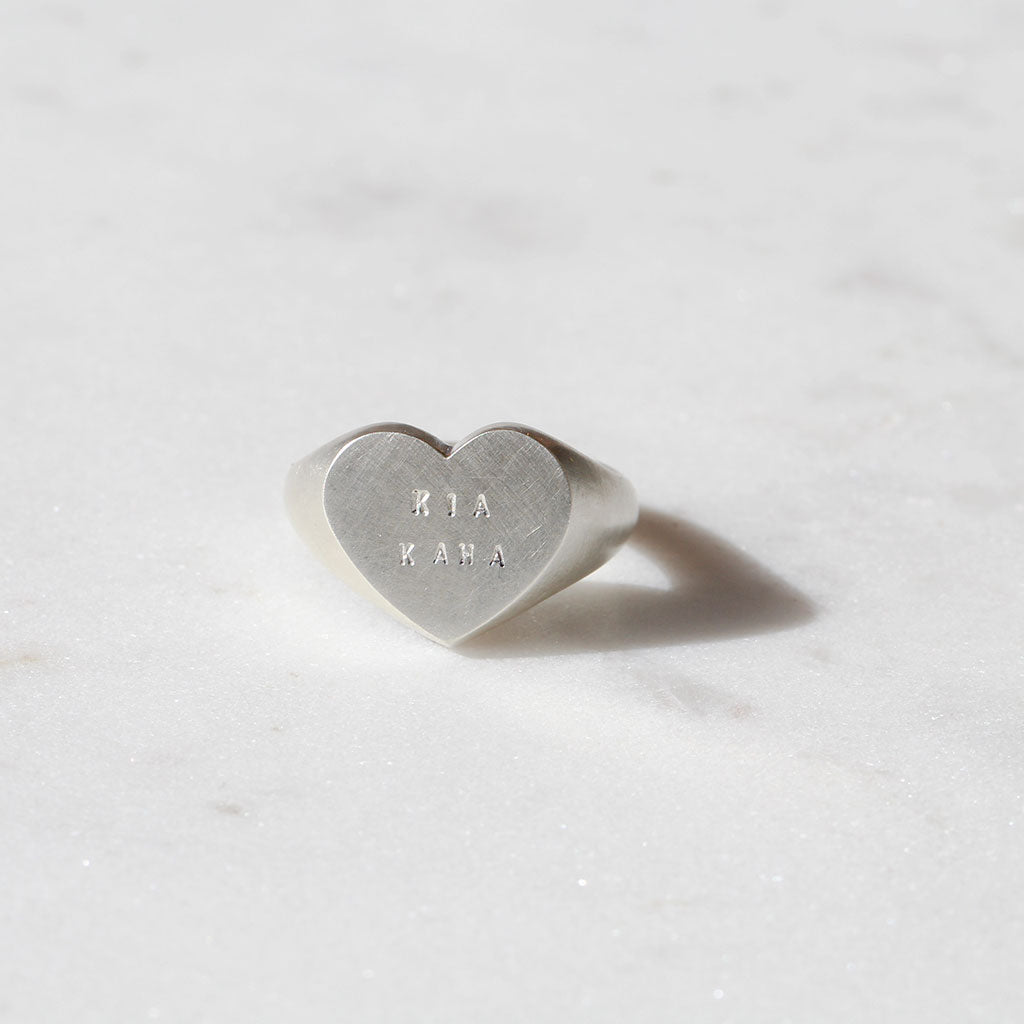 Kia Kaha heart signet ring in sterling silver