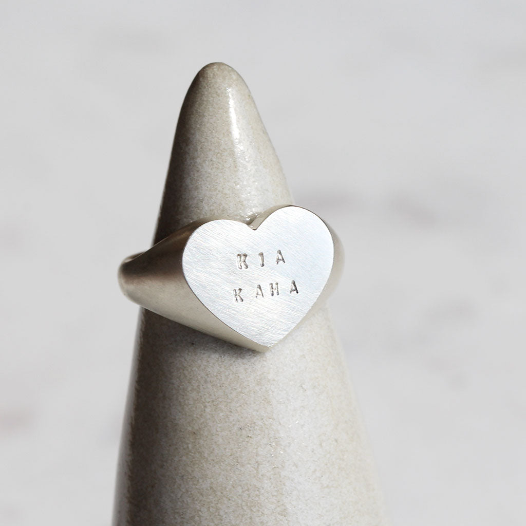 kia kaha heart signet ring silver