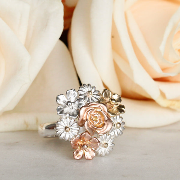 big flower bouquet ring in gold and silver