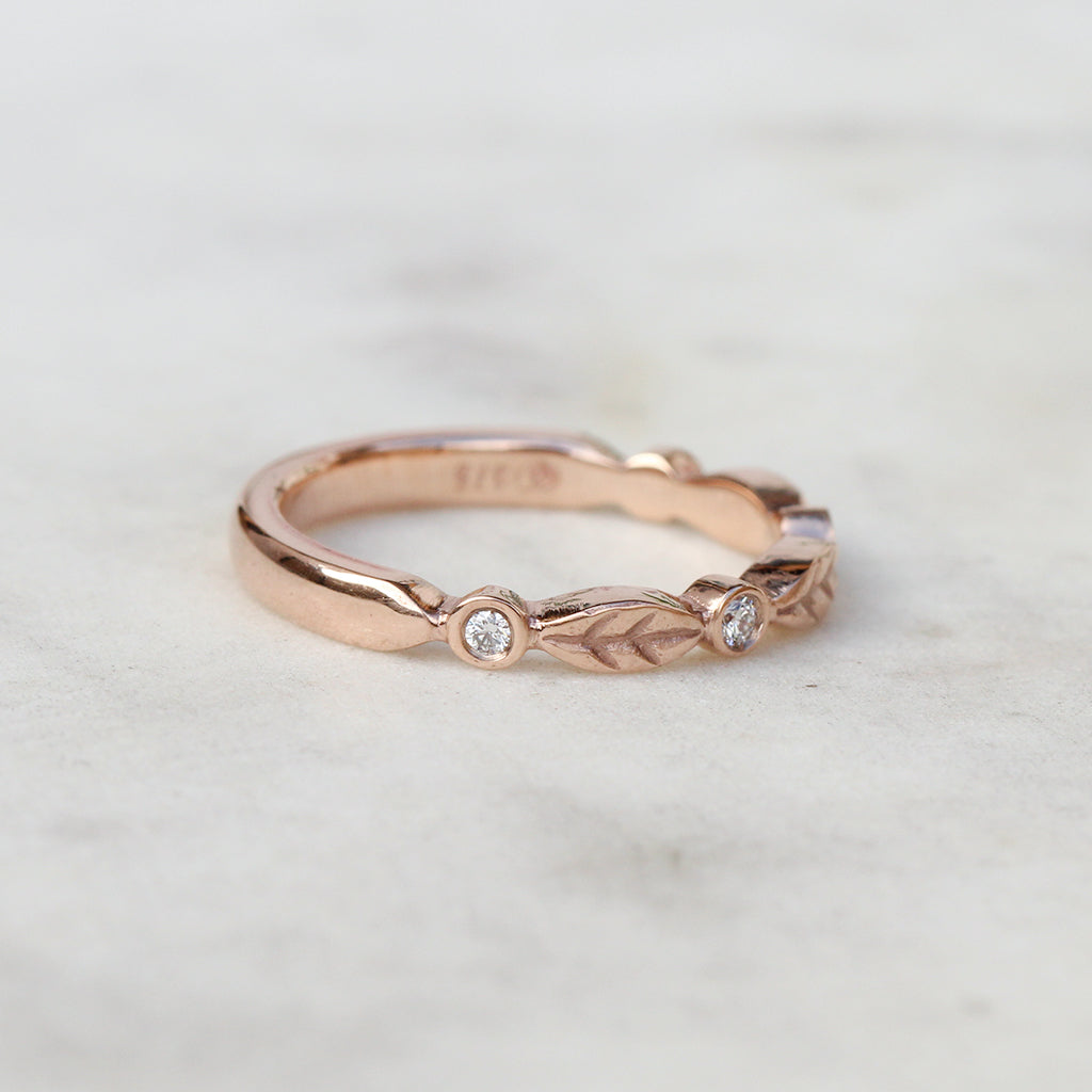 Diamond leaf wedding band in rose gold