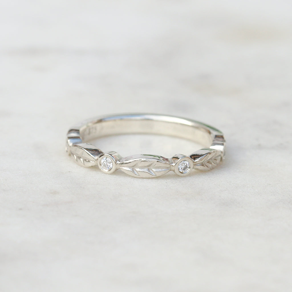 diamond leaf wedding band in white gold