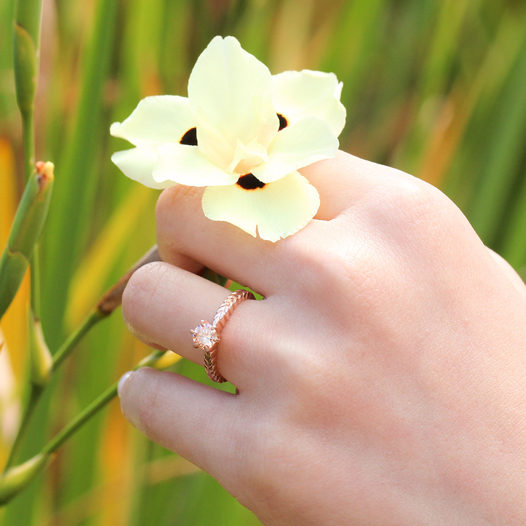 Diamond silver fern engagement ring in rose gold