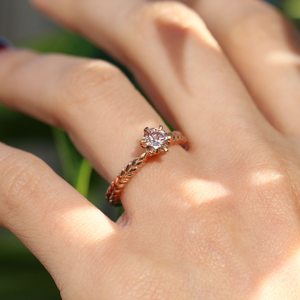 Silver fern dew ring in rose gold with a pink lab-grown diamond