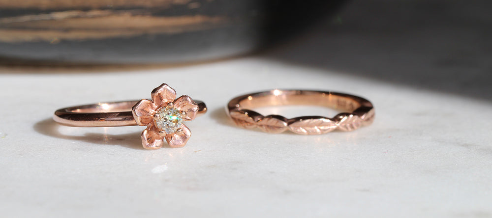 flower engagement and botanical wedding rings
