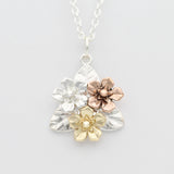 forget me not flower bouquet necklace silver, rose gold and yellow gold