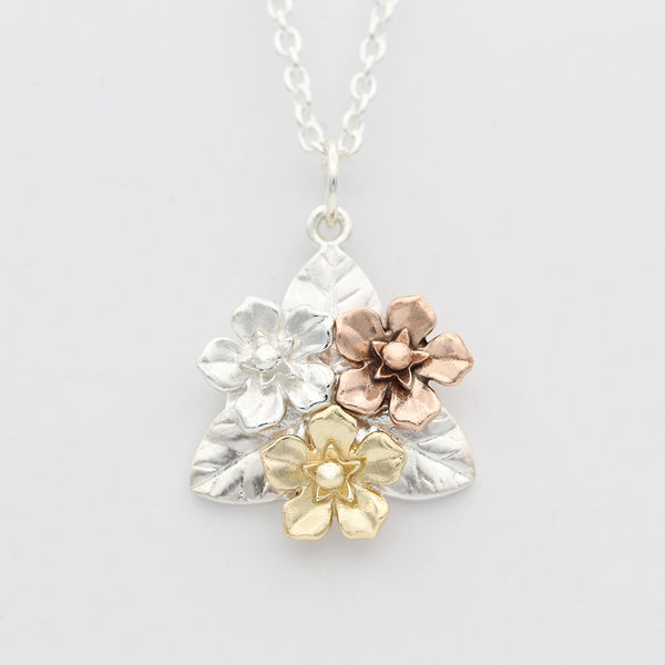 forget me not flower bouquet necklace silver, rose gold and yellow gold