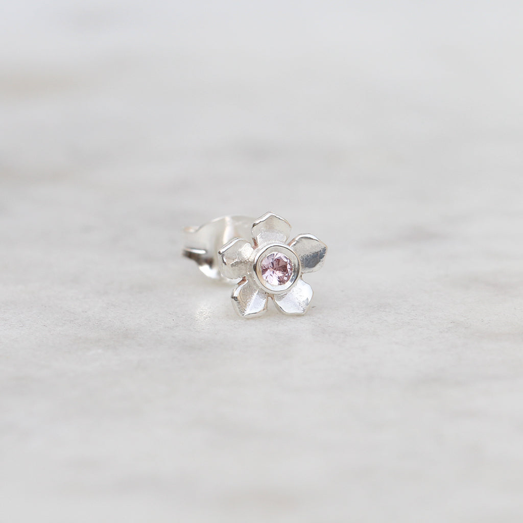 Forget me not flower stud with a pink sapphire
