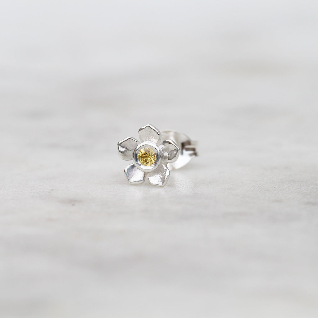 Yellow sapphire forget me not flower stud in sterling silver