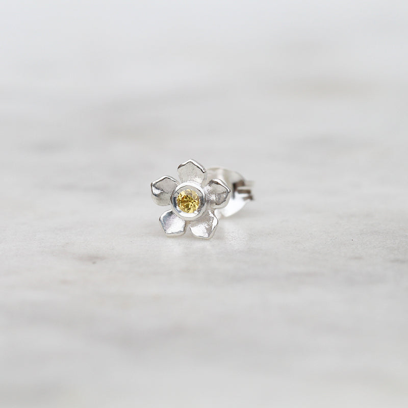 Yellow sapphire forget me not flower stud in sterling silver