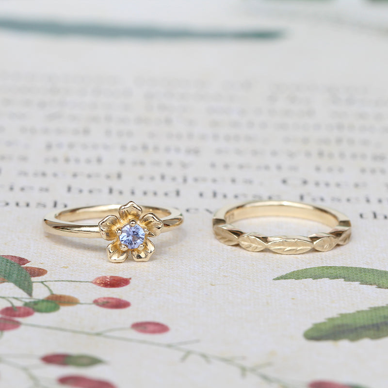 forget me not engagement ring and leaf wedding band