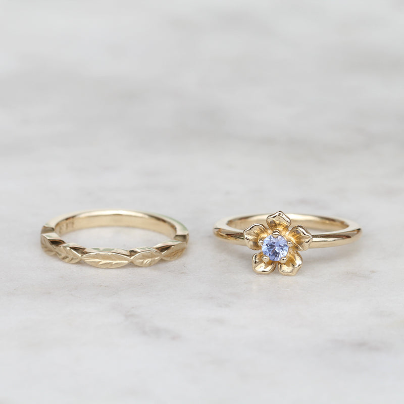 forget me not flower engagement ring and leaf wedding band