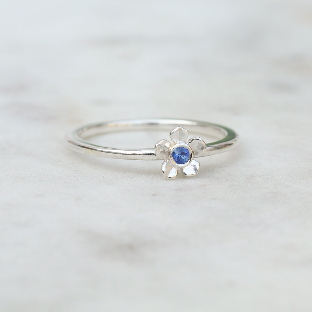 Blue sapphire forget me not flower ring in sterling silver
