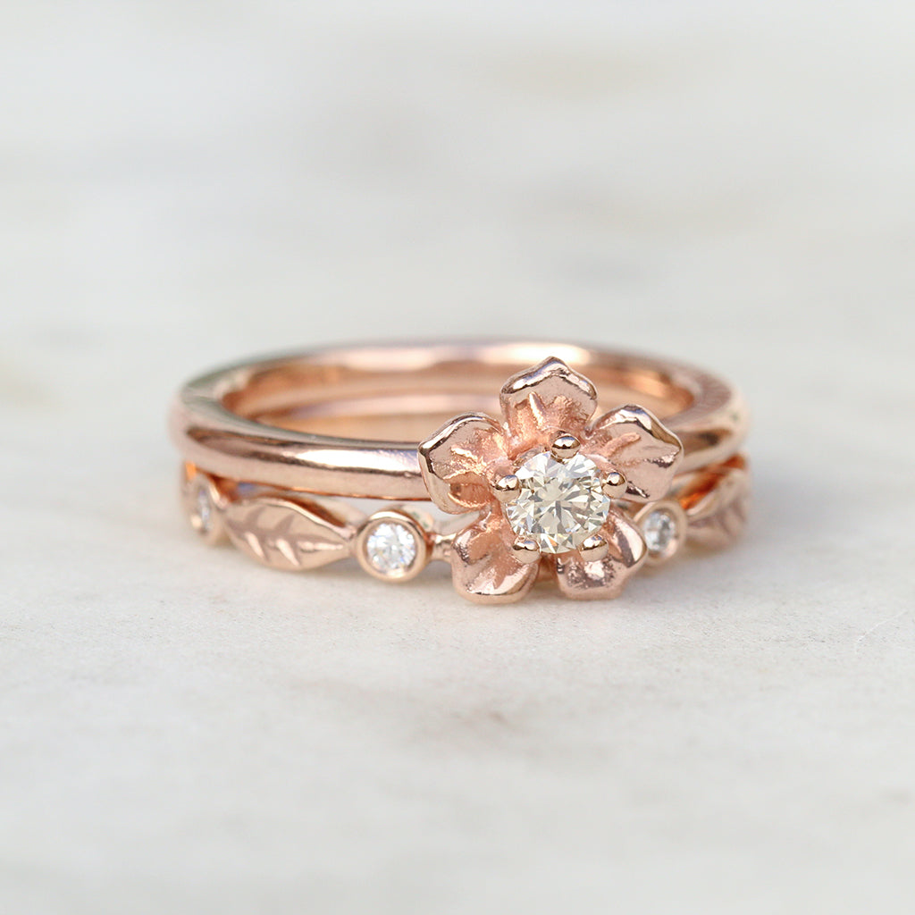 Forget me not ring and diamond leaf ring in rose gold