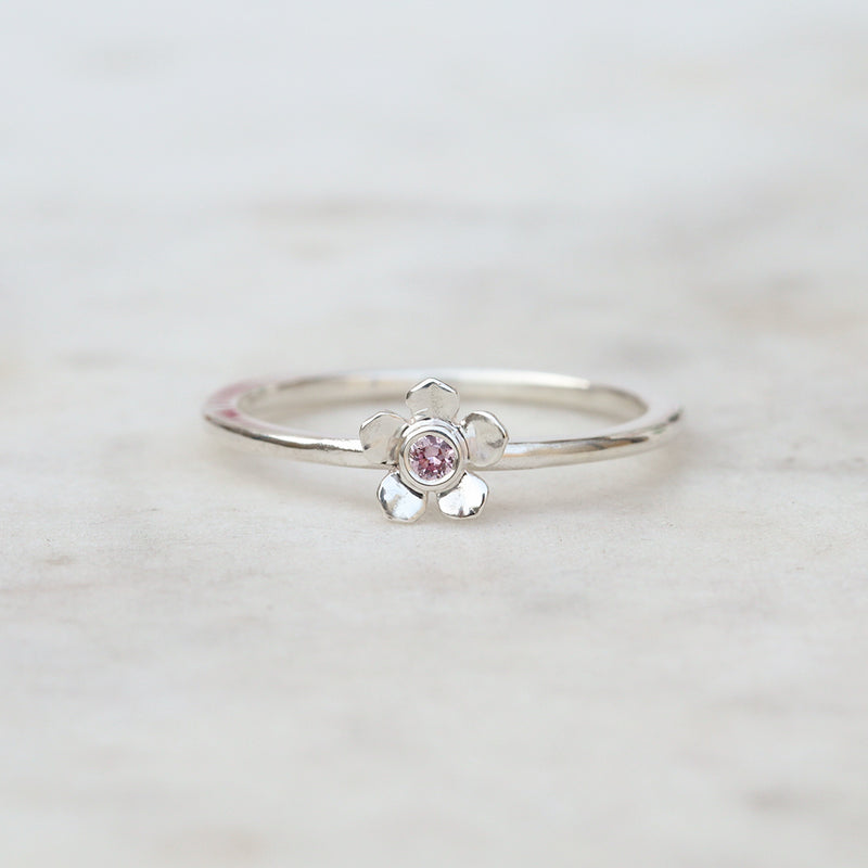 Forget me not flower ring with a pink sapphire