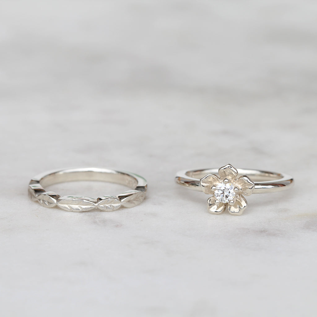 forget me not diamond ring and leaf wedding ring