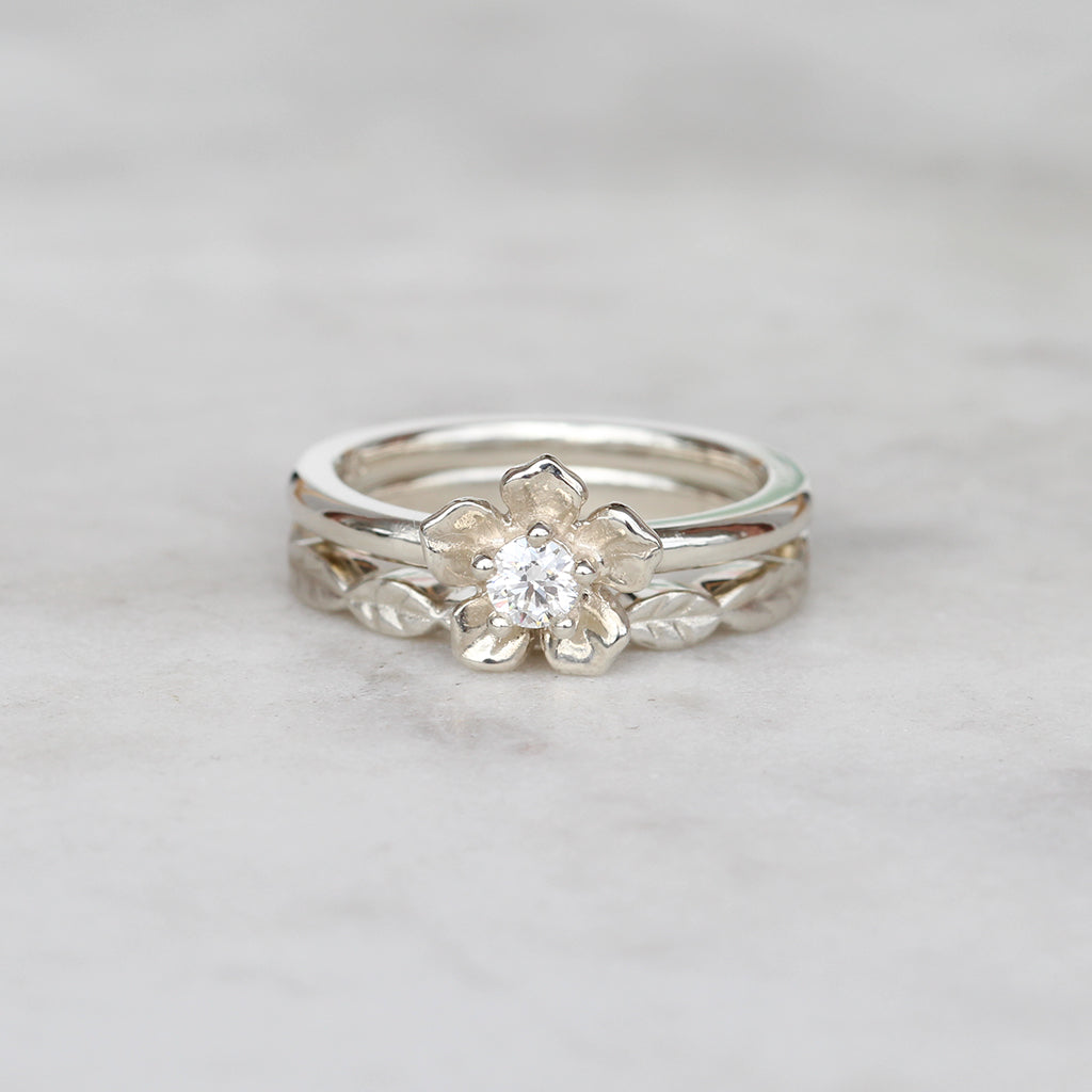 forget me not flower engagement ring and leaf wedding ring