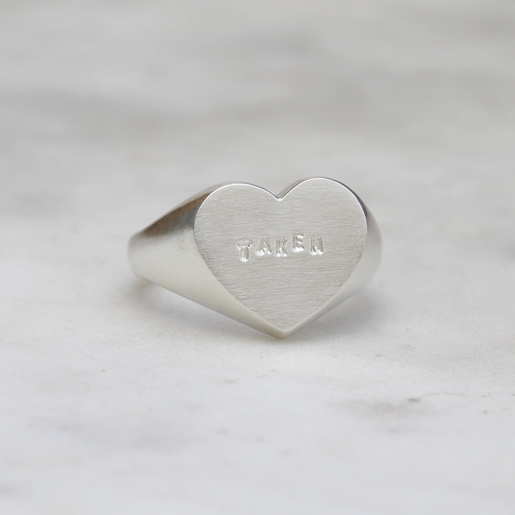 silver taken heart signet ring