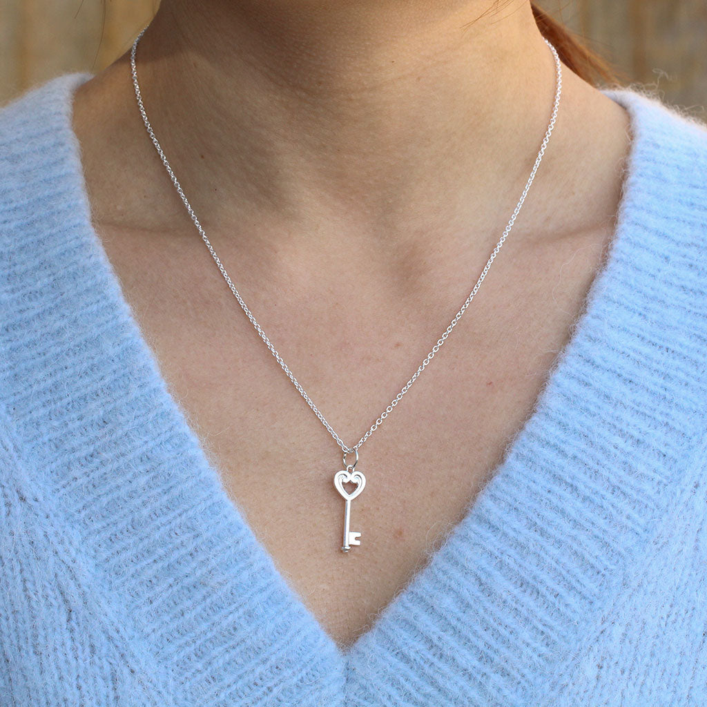 Silver koru heart key necklace