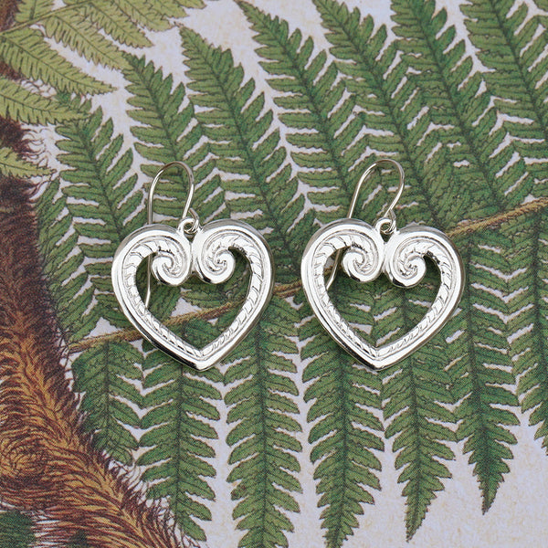 Silver koru heart earrings
