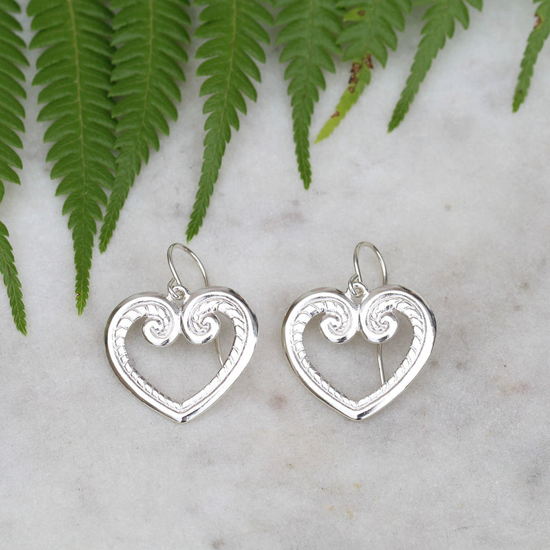 Sterling silver koru heart earrings