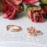 rose engagement ring and leaf wedding ring