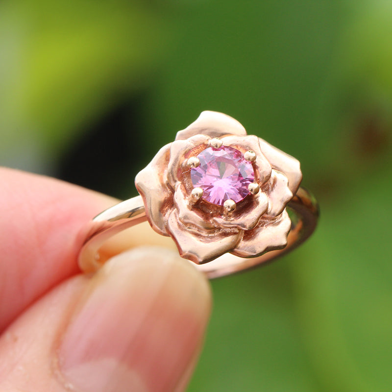 rose ring in rose gold with a pink sapphire