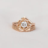 Rose ring with a diamond and a leaf ring