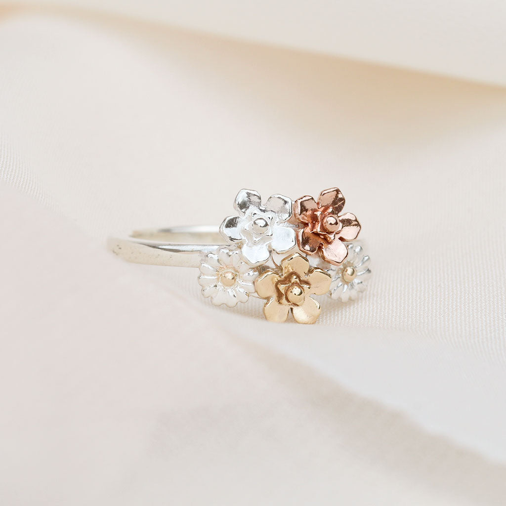 Mini flower bouquet ring in sterling silver, rose gold and yellow gold