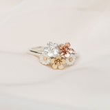 Floral ring with silver, rose gold, and yellow gold