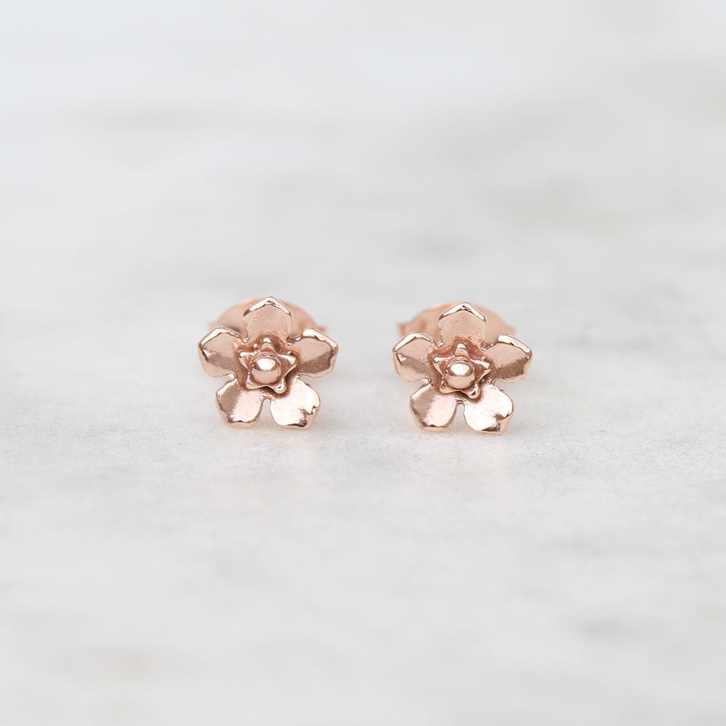 Small forget me not flower earrings in rose gold