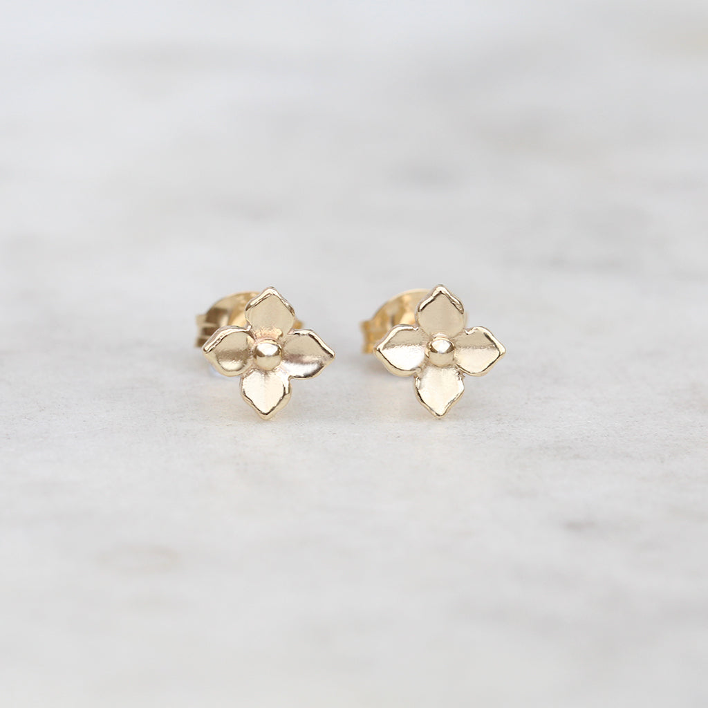 Small gold hydrangea flower earrings