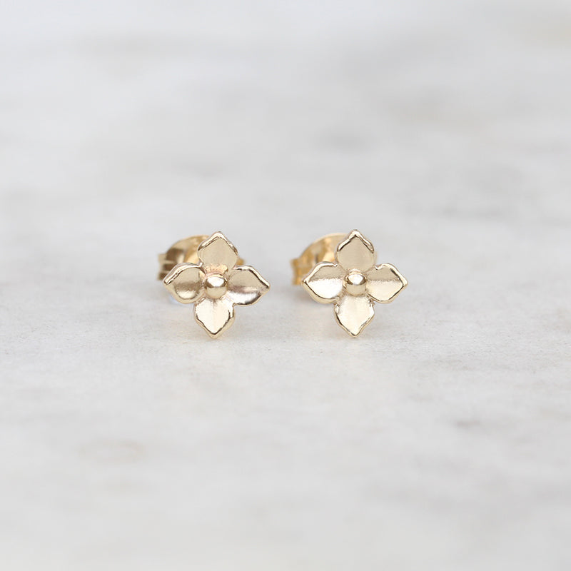 Small gold hydrangea flower earrings