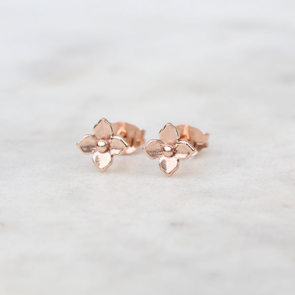 Small rose gold hydrangea flower earrings
