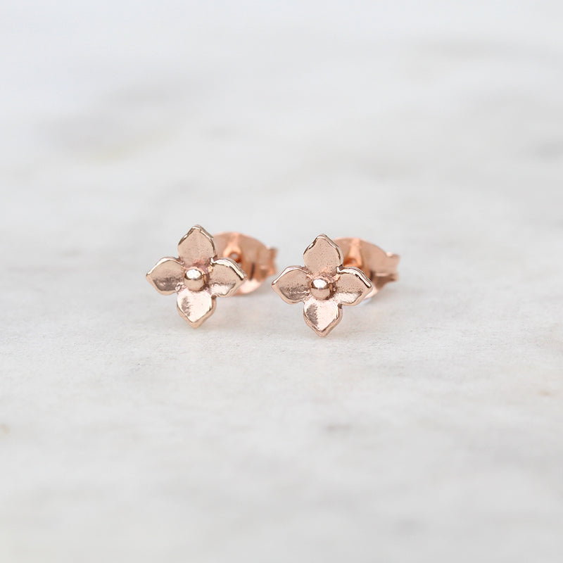 Small rose gold hydrangea flower earrings